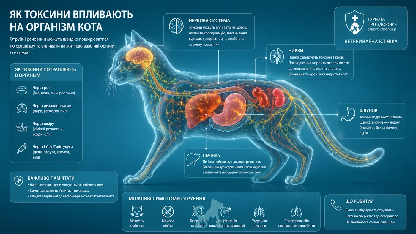 Інфографіка про вплив токсинів на організм кота та внутрішні органи