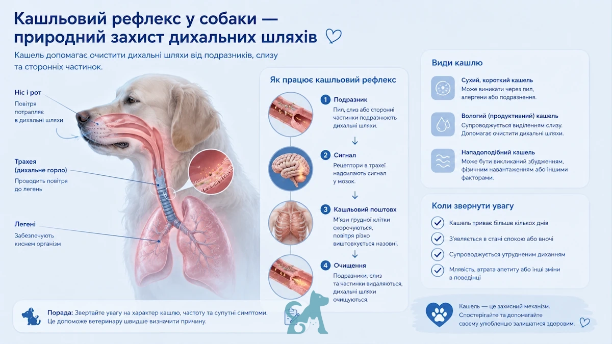 Схема дихальної системи собаки з поясненням кашльового рефлексу та роботи дихальних шляхів