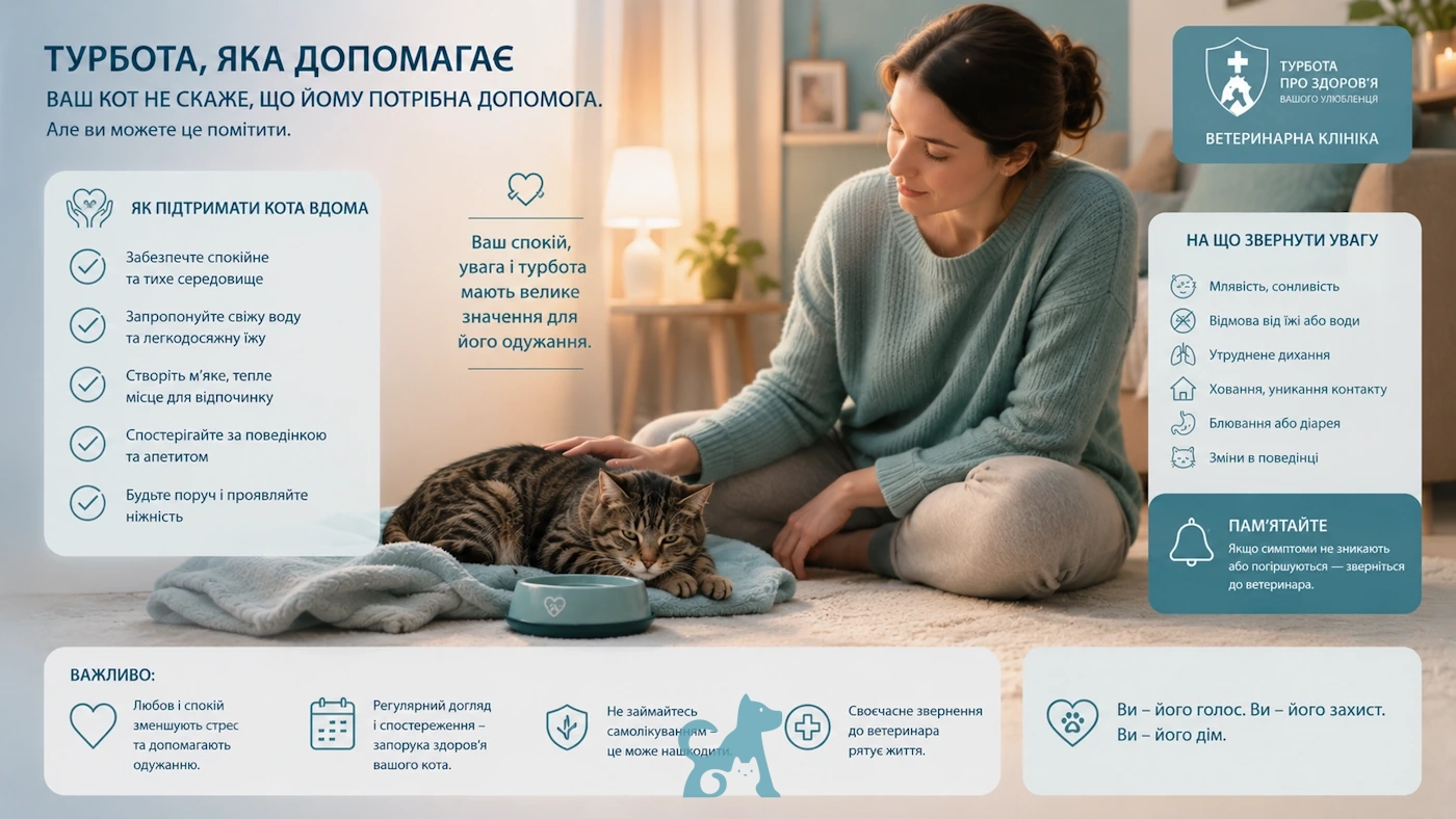 Власниця піклується про кота вдома перед поїздкою до ветеринарної клініки