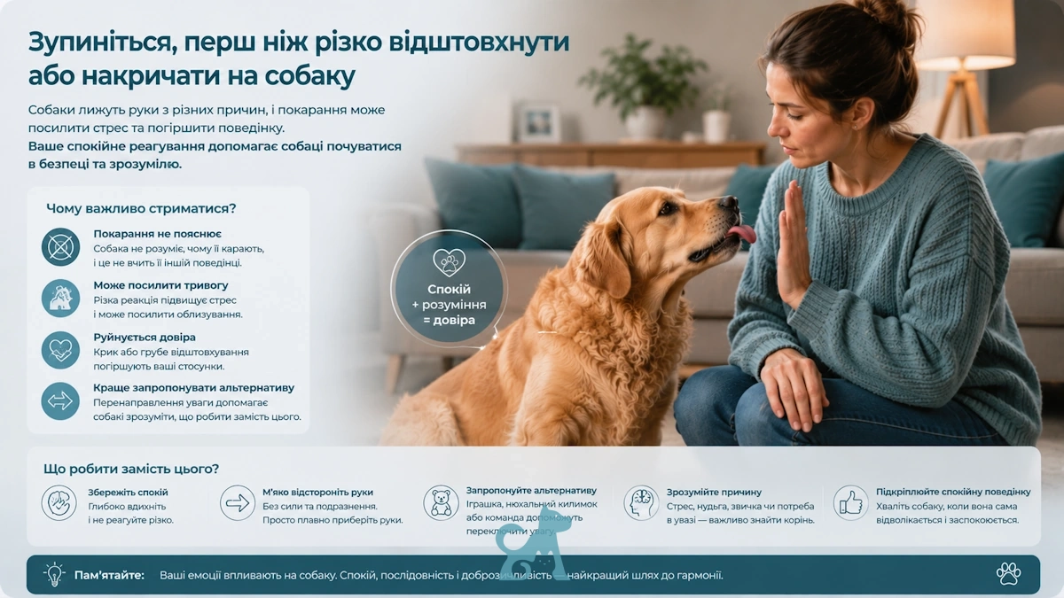 власниця спокійно зупиняє собаку замість крику або покарання
