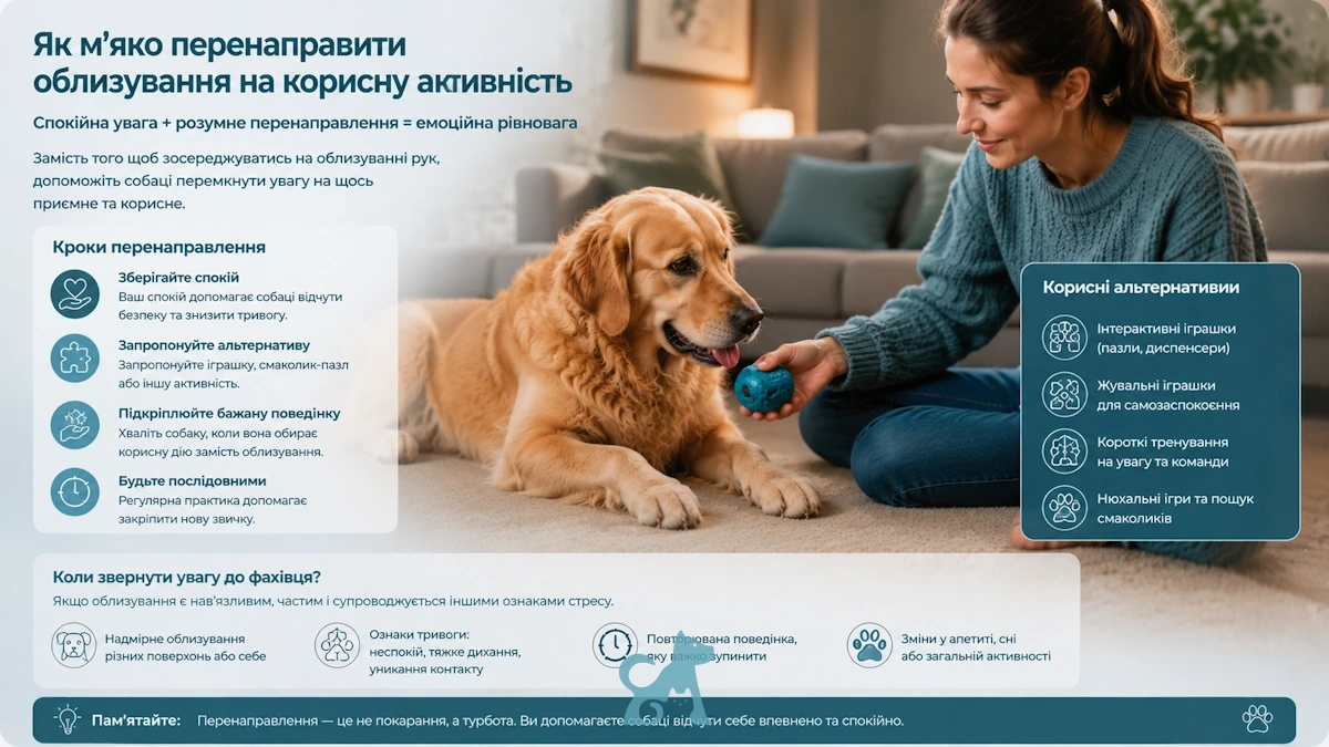 власниця перенаправляє увагу собаки з облизування рук на іграшку
