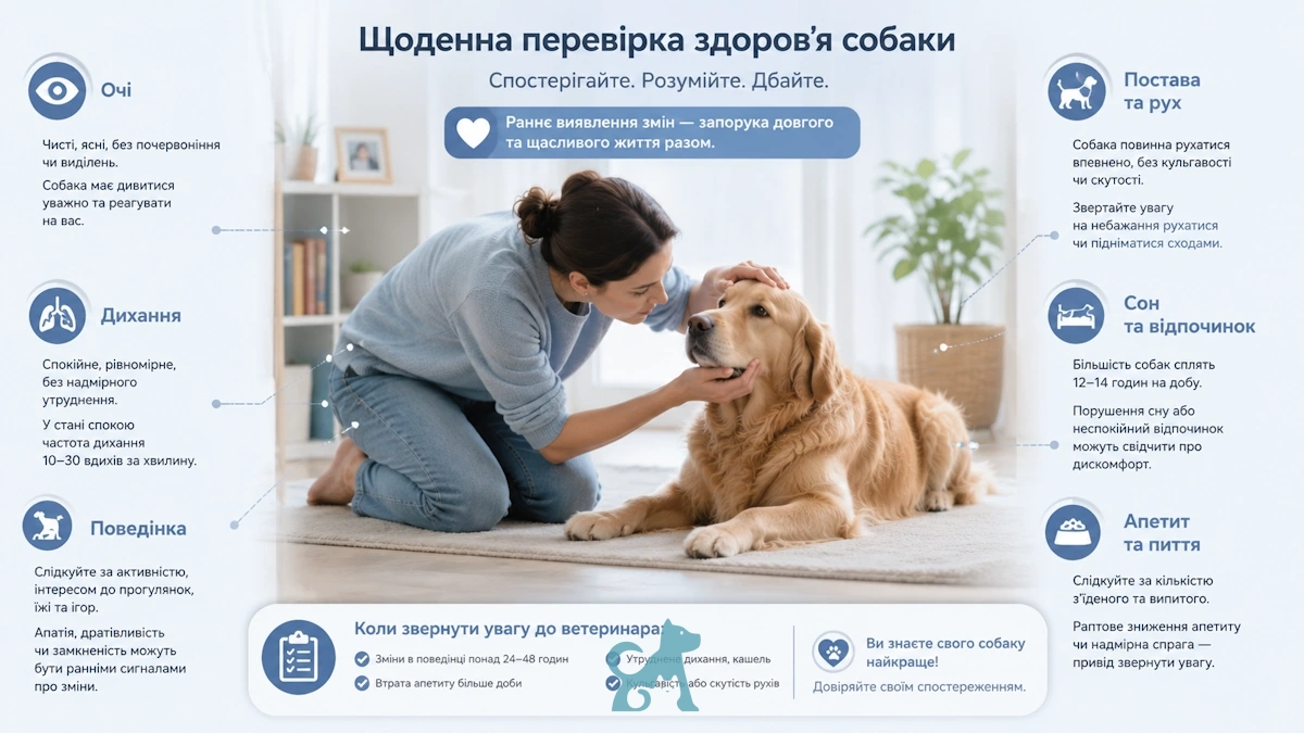 власниця проводить щоденний огляд собаки та перевіряє ознаки здоров’я в домашніх умовах