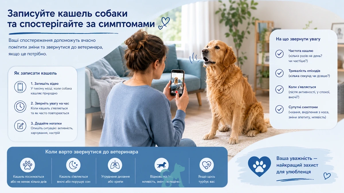 Власниця записує на телефон кашель собаки, щоб відстежити симптоми та показати їх ветеринару
