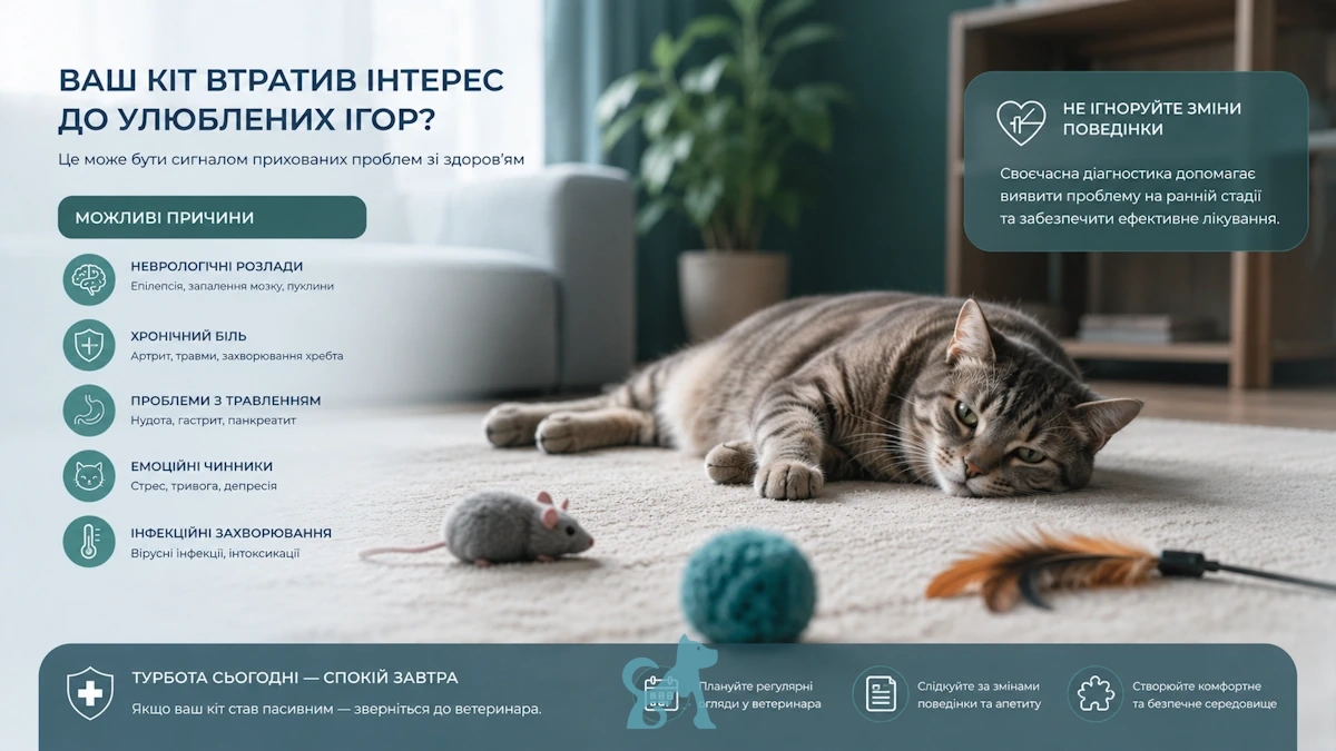 Кіт лежить байдужий до іграшок — можлива ознака поганого самопочуття