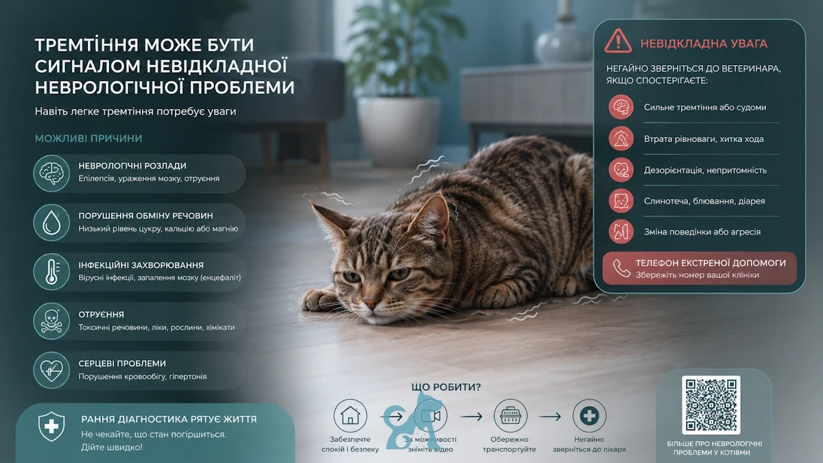 Кіт лежить на підлозі з ознаками тремтіння — можливий неврологічний симптом