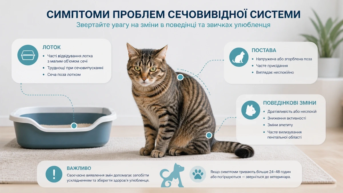 симптоми сечокам’яної хвороби у котів зміни в лотку поза та поведінка