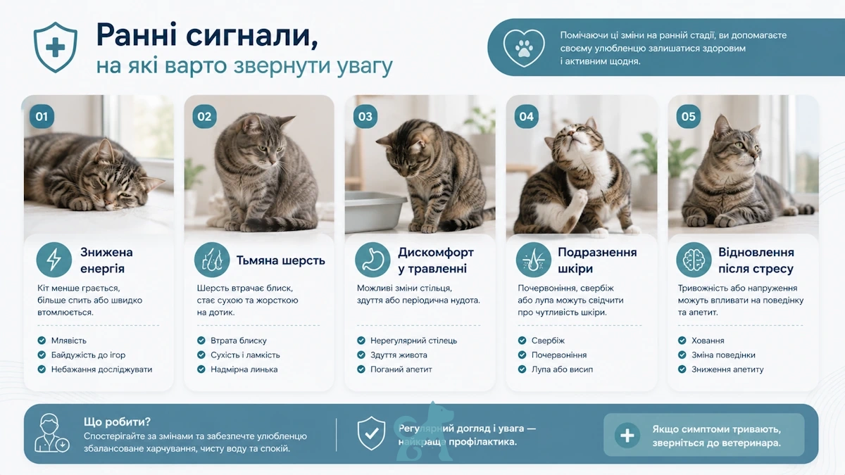 ранні симптоми слабкого імунітету у кота млявість свербіж тьмяна шерсть