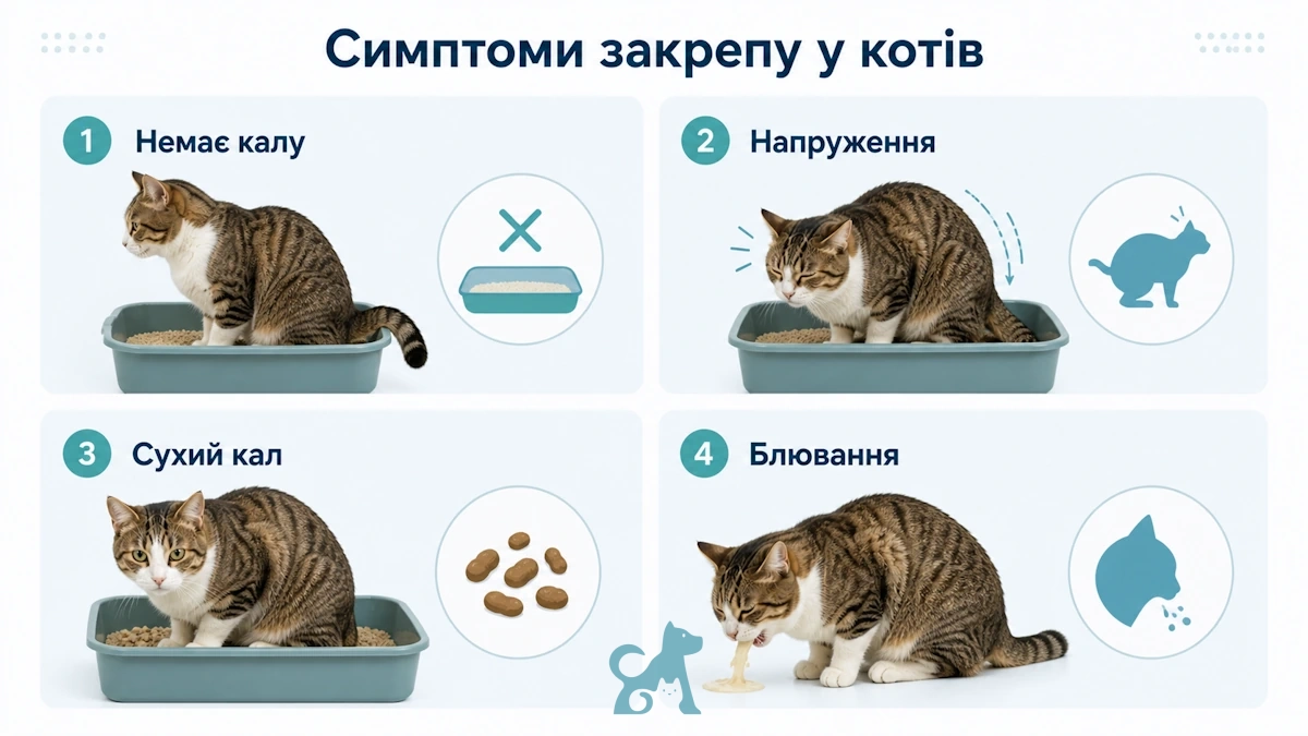 симптоми запору у кота — немає калу, напруження, сухий кал і блювання