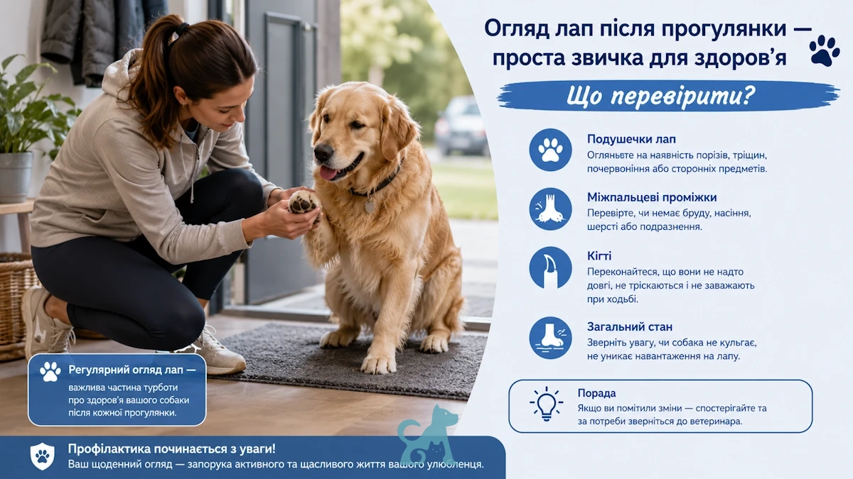Власниця оглядає подушечки лап собаки після прогулянки, перевіряючи їх на наявність пошкоджень