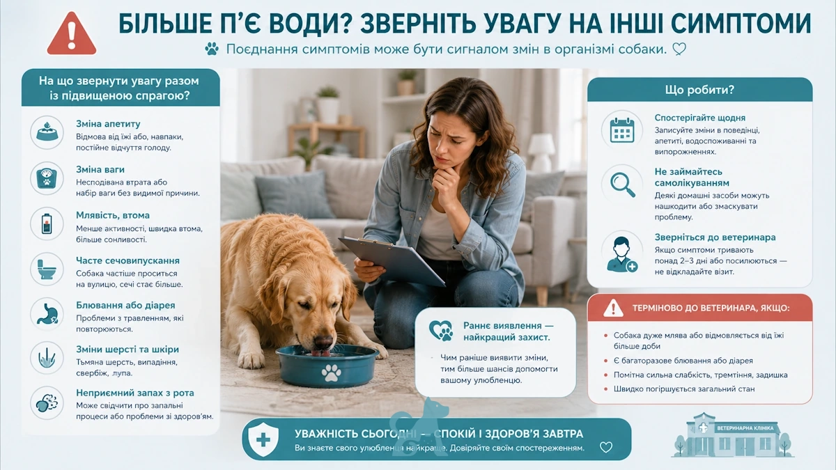 Собака з підвищеною спрагою та іншими симптомами, а власниця оцінює його стан і веде спостереження