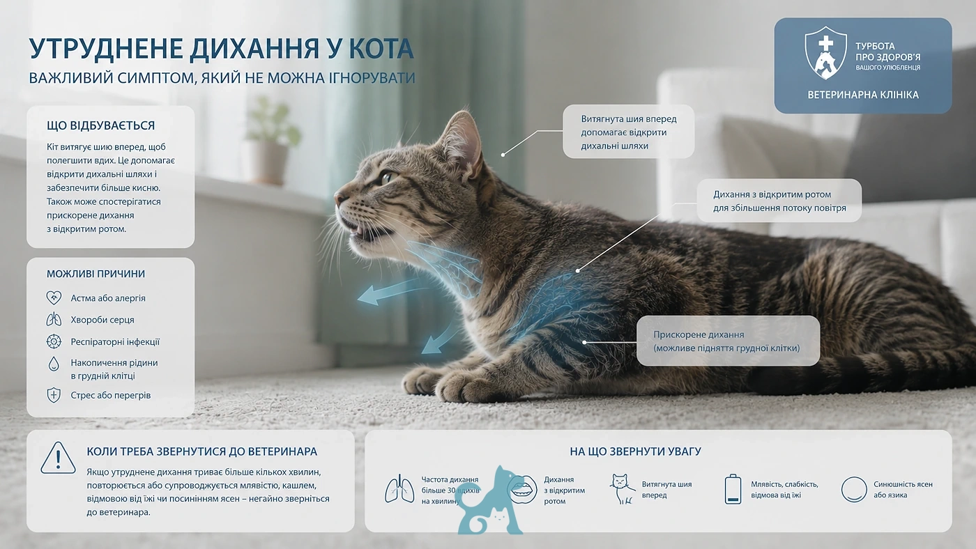 Кіт із утрудненим диханням лежить на підлозі з інфографікою про симптоми та можливі причини