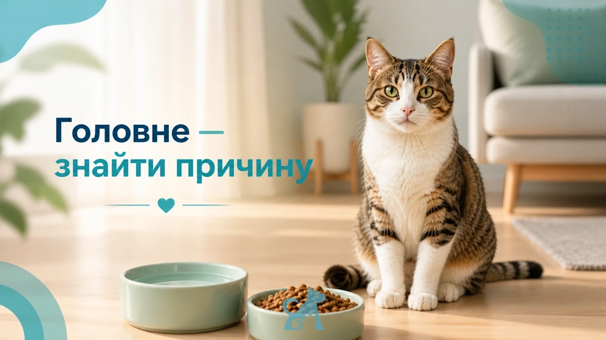 кіт біля мисок з кормом і водою — головне знайти причину проблем із травленням