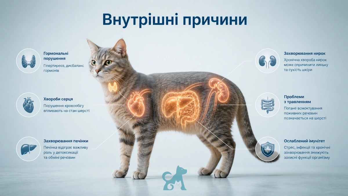 внутрішні причини линьки у котів гормони органи здоровя