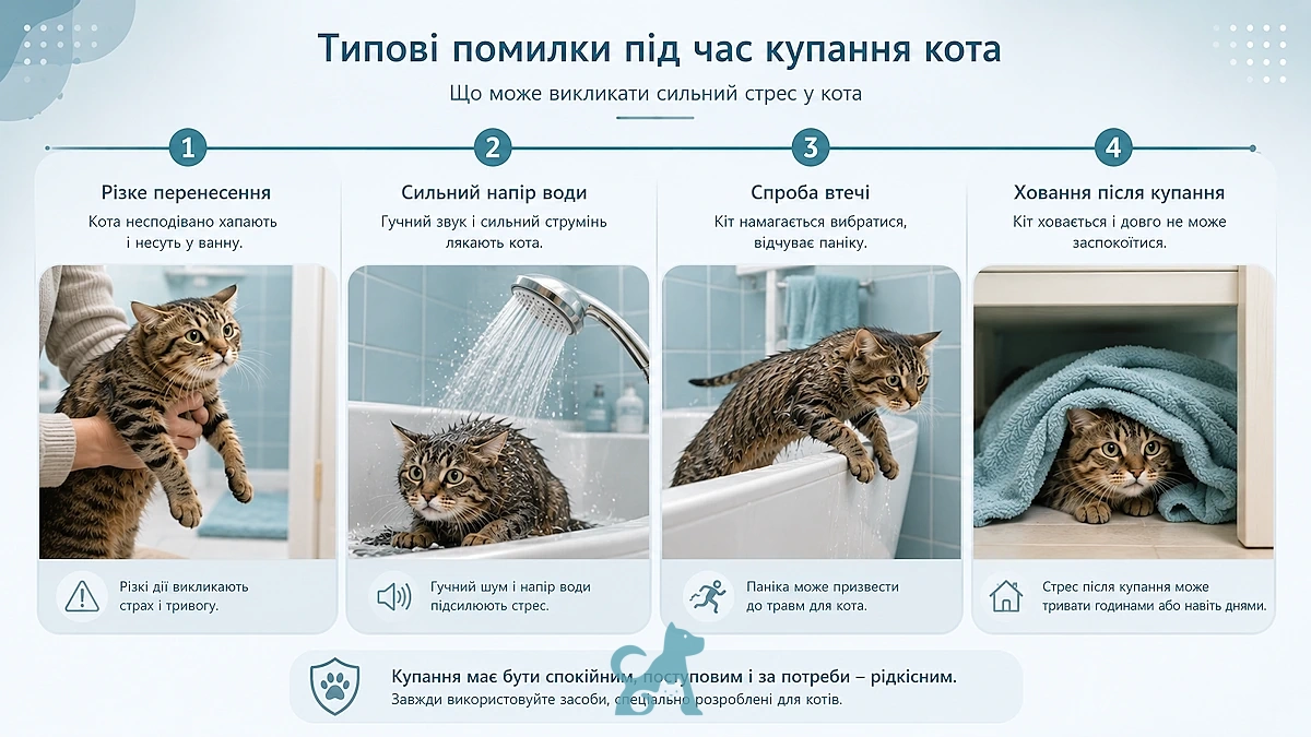 Типові помилки під час купання кота, які викликають стрес і страх