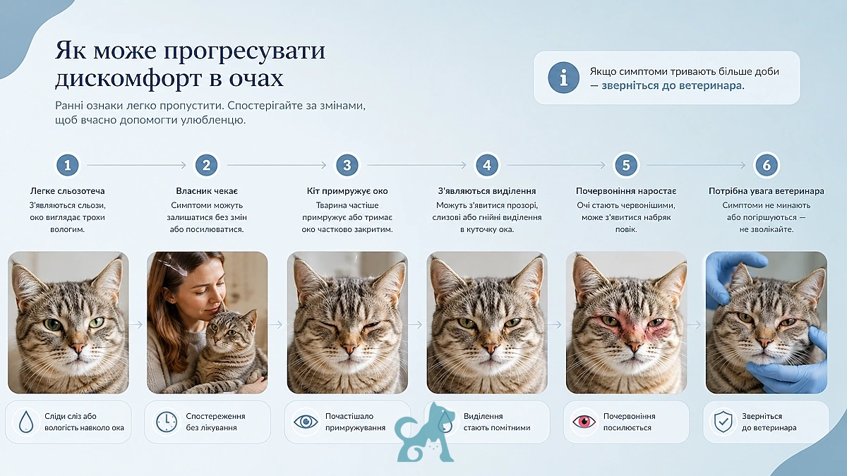етапи розвитку проблем із очима у кота — від легкої сльозотечі до серйозного запалення