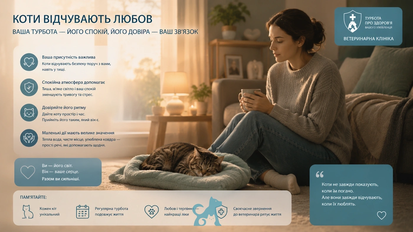 Власниця спокійно сидить поруч із котом у теплій домашній атмосфері