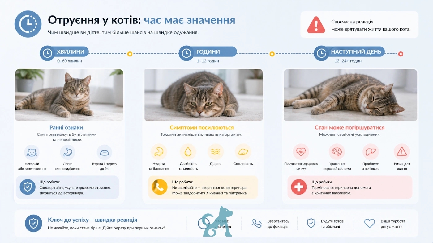 інфографіка як швидко розвивається отруєння у кота по годинах і симптомах
