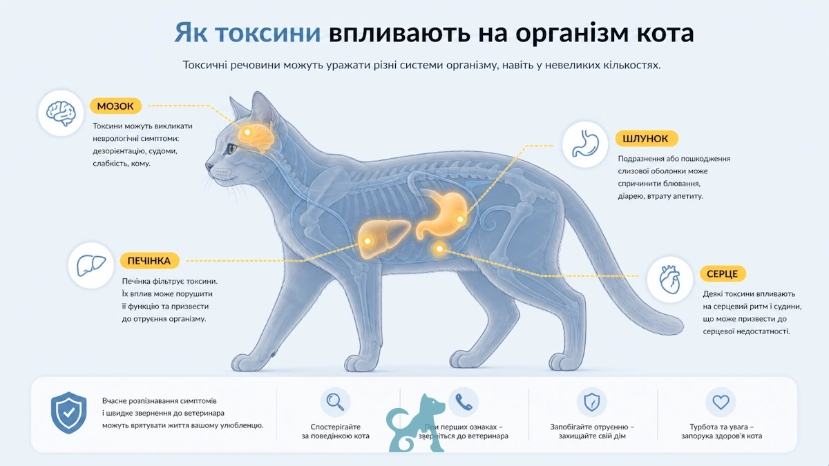 інфографіка як токсини впливають на організм кота з позначенням органів