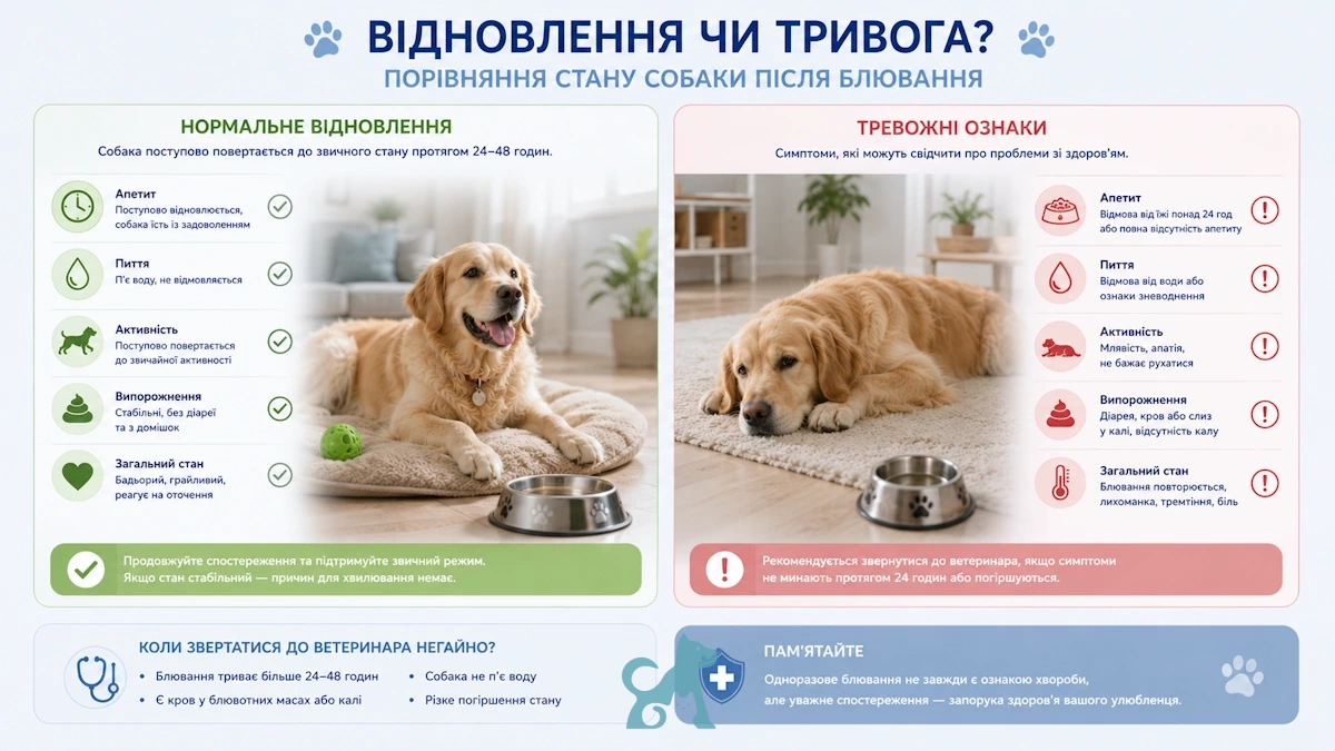 інфографіка про відмінності між нормальним відновленням після блювання та небезпечними симптомами у собаки