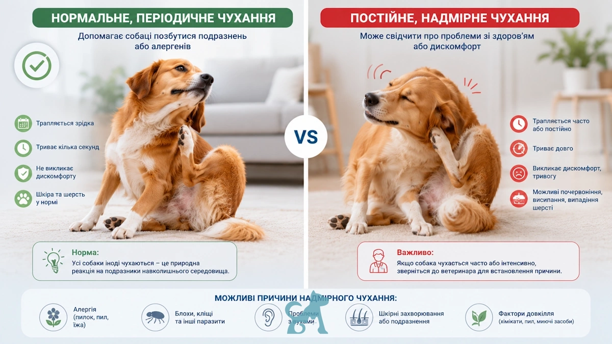 порівняння нормального та надмірного чухання у собаки з ознаками можливих проблем зі здоров’ям