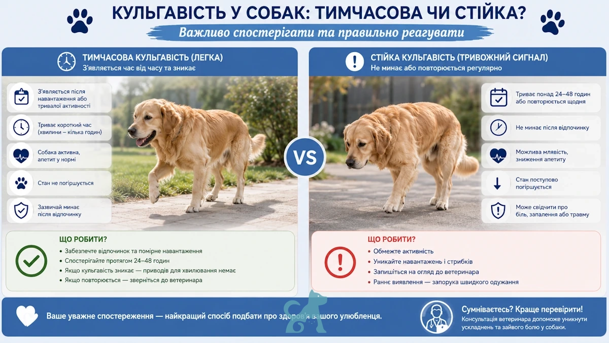 Порівняння тимчасової та стійкої кульгавості у собаки з основними ознаками та рекомендаціями для власника