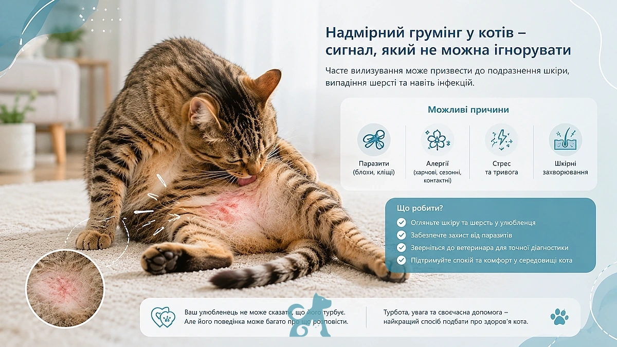 Надмірний грумінг у кота може бути ознакою проблем зі здоров’ям