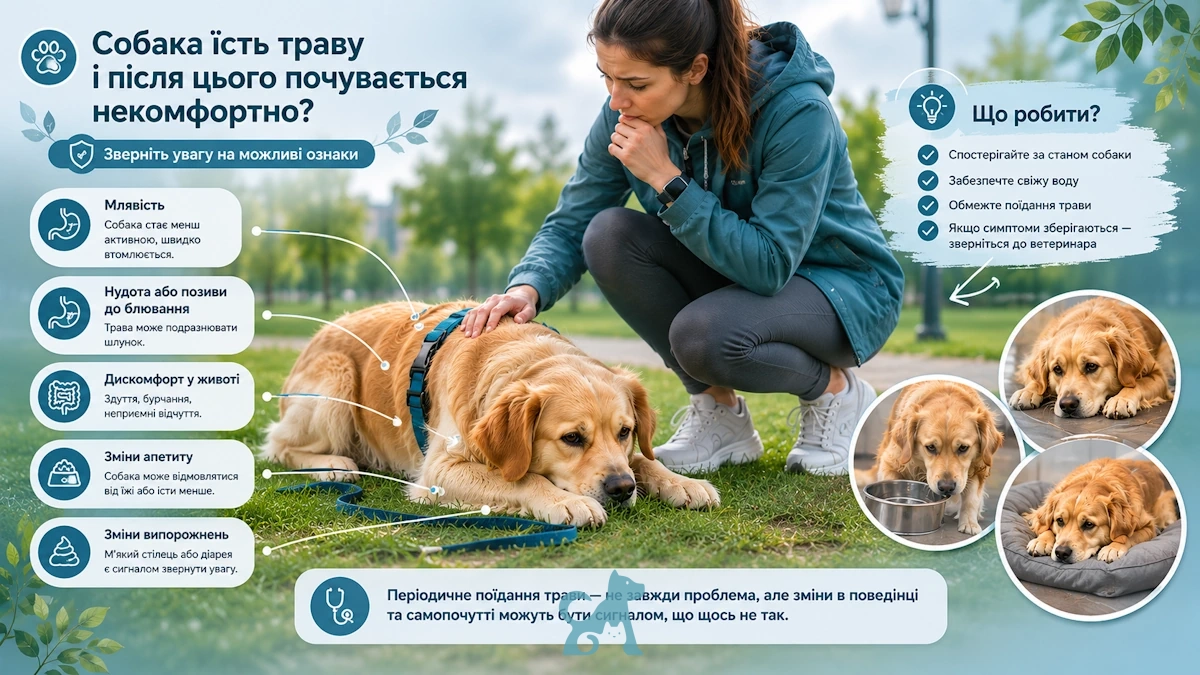 собака лежить на траві після поїдання трави — ознаки дискомфорту та поганого самопочуття
