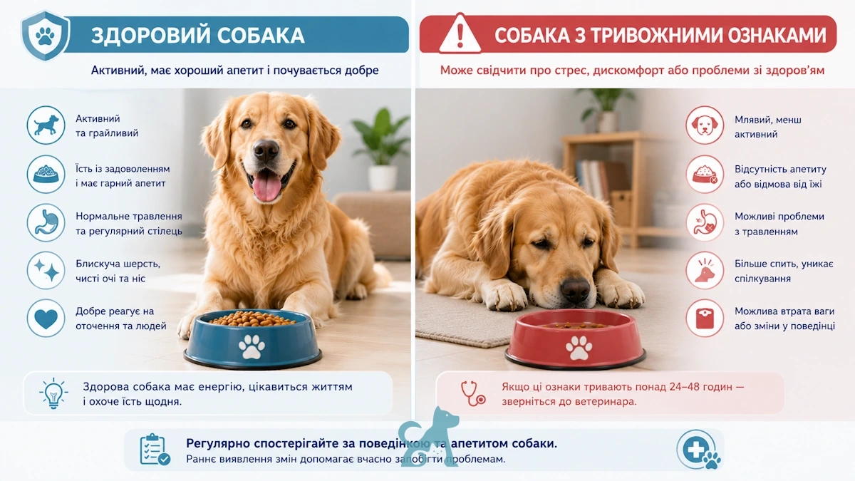 порівняння здорового собаки та собаки з втратою апетиту і тривожними симптомами