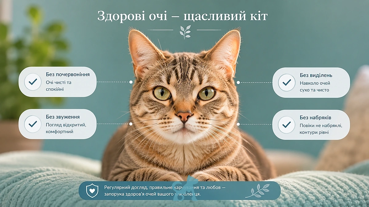 здорові очі кота без почервоніння, виділень і набряків — чеклист нормального стану