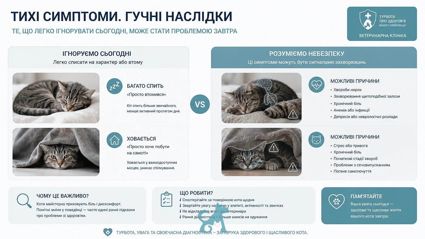 Інфографіка про симптоми у котів, які власники часто ігнорують або недооцінюють