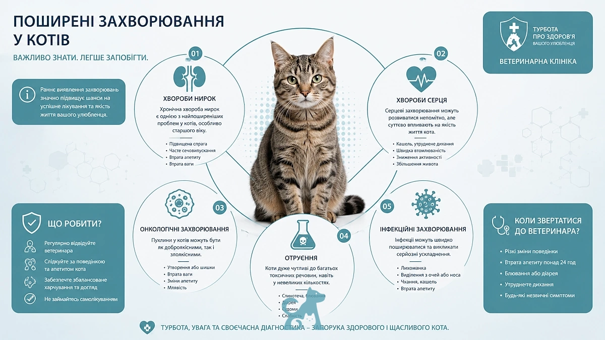 Інфографіка про поширені захворювання у котів та симптоми небезпечних станів
