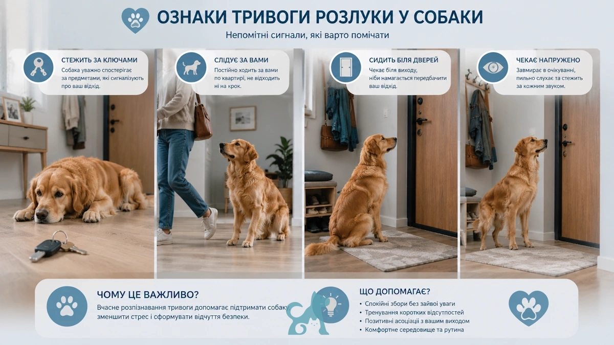 Інфографіка з основними ознаками тривоги розлуки у собаки: стеження за господарем, очікування біля дверей та напружена поведінка