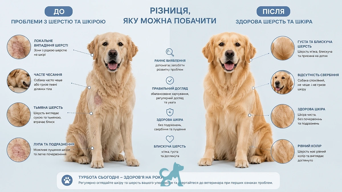 Тривожні симптоми у собаки: випадіння шерсті, свербіж, лупа та подразнення шкіри потребують уваги