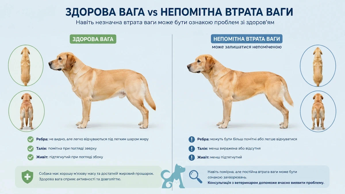 Інфографіка з порівнянням здорової ваги собаки та непомітної втрати ваги з основними ознаками схуднення