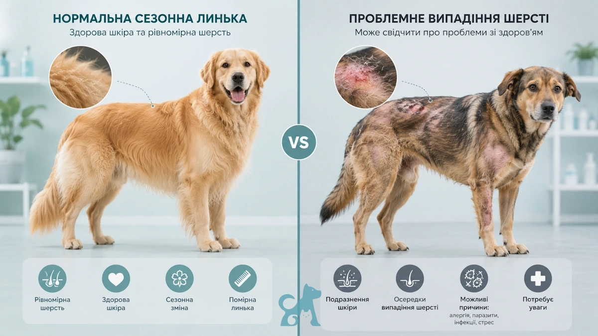 Порівняння нормальної сезонної линьки та патологічного випадіння шерсті у собаки