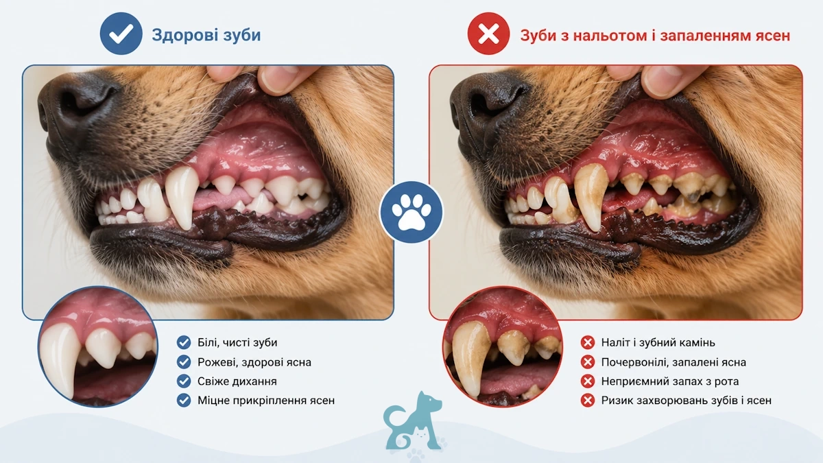 Порівняння здорових зубів собаки та зубів із нальотом, зубним каменем і запаленням ясен